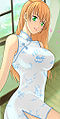 Izumi in a white cheongsam.
